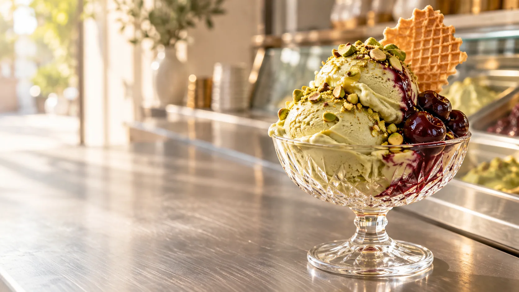 Pistachio gelato with cherries served in a glass coupe